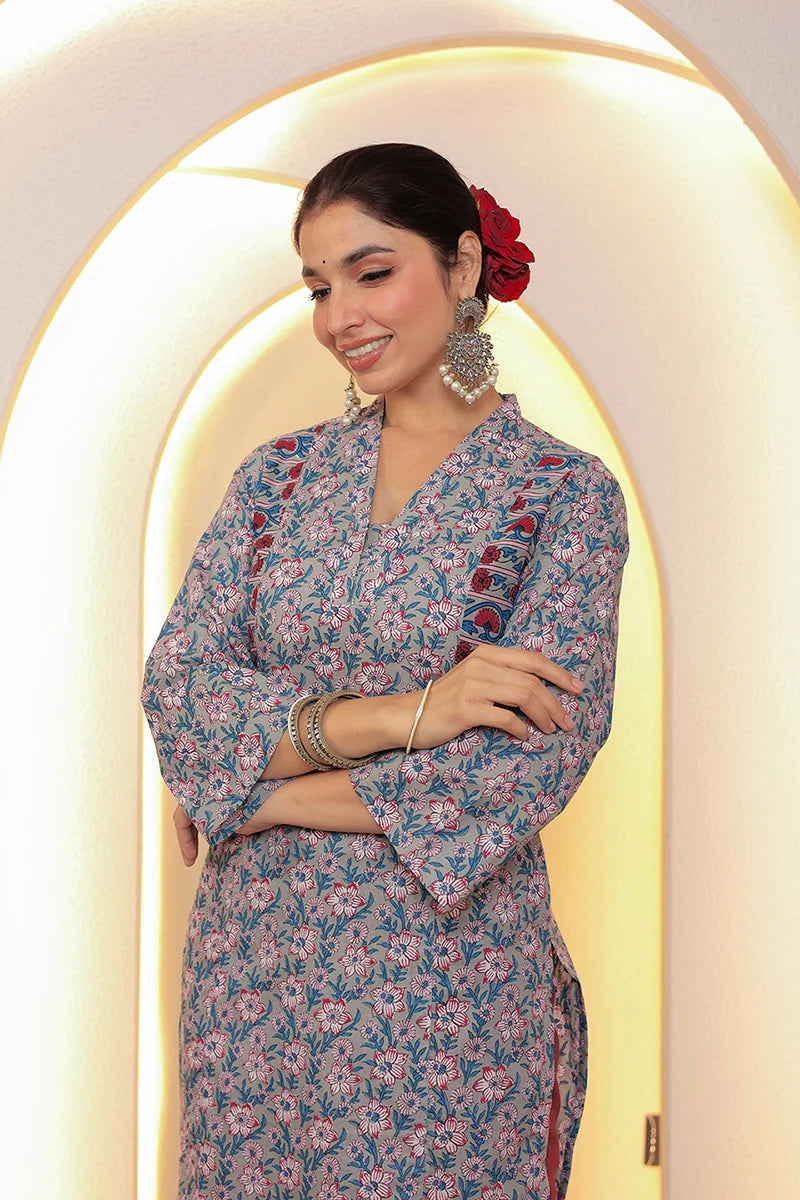 Grey Straight Cotton Kurta with Printed Side Panels