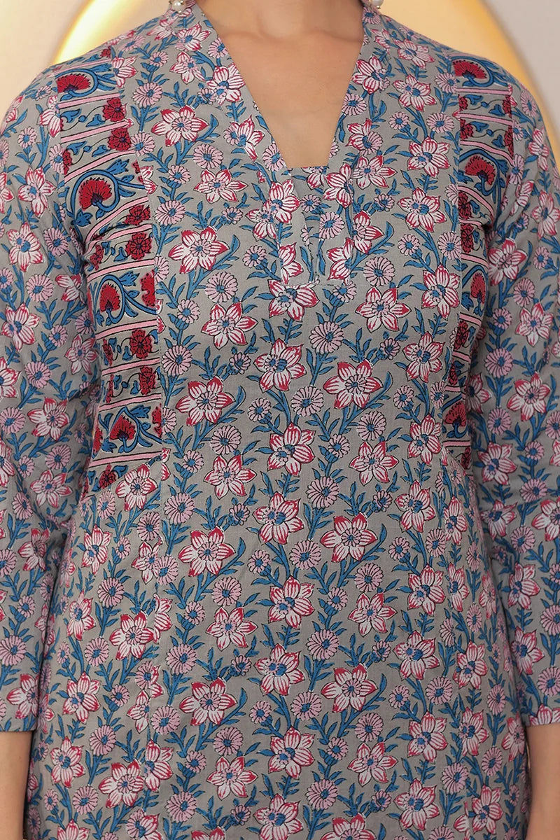 Grey Straight Cotton Kurta with Printed Side Panels