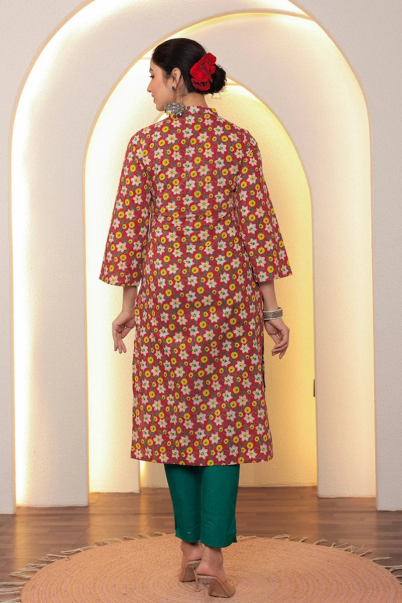 Red Straight Cotton Kurta with Printed Side Panels