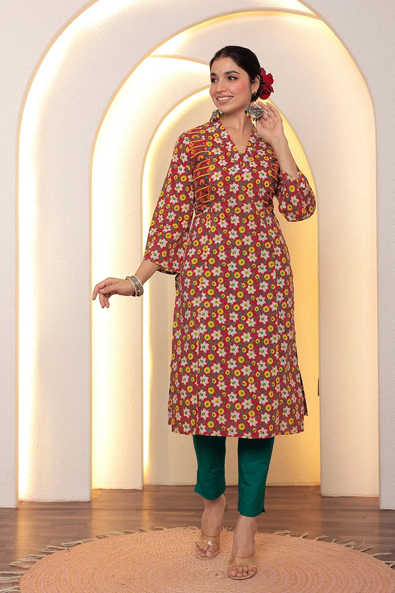 Red Straight Cotton Kurta with Printed Side Panels