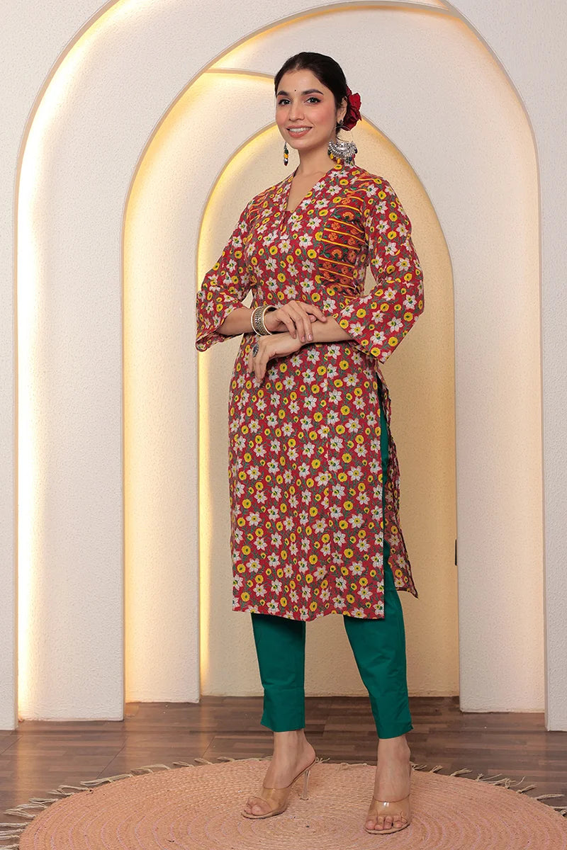 Red Straight Cotton Kurta with Printed Side Panels
