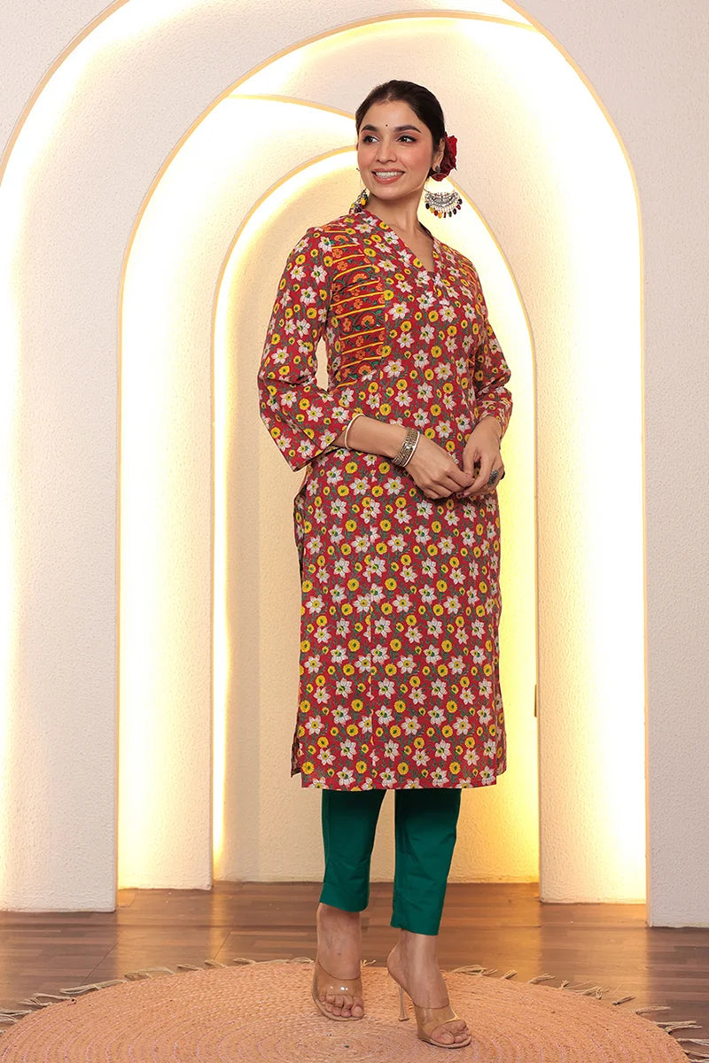 Red Straight Cotton Kurta with Printed Side Panels