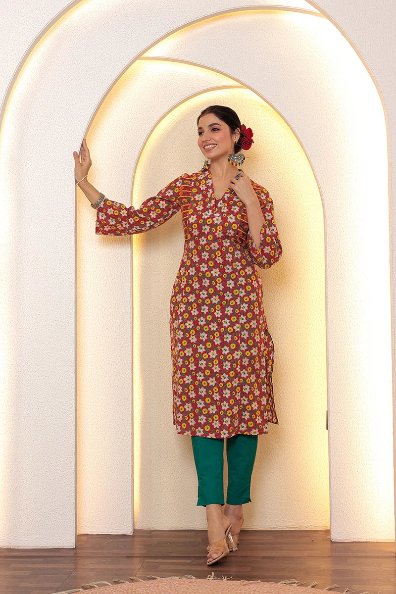 Red Straight Cotton Kurta with Printed Side Panels