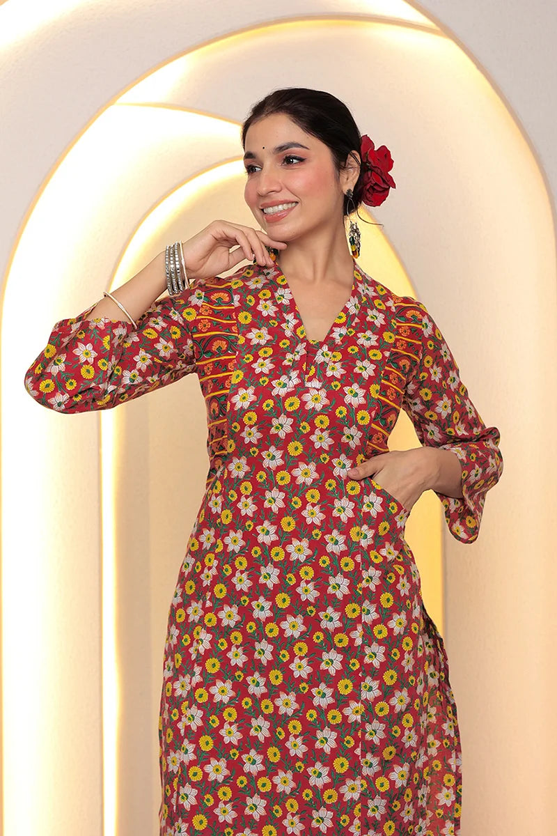 Red Straight Cotton Kurta with Printed Side Panels
