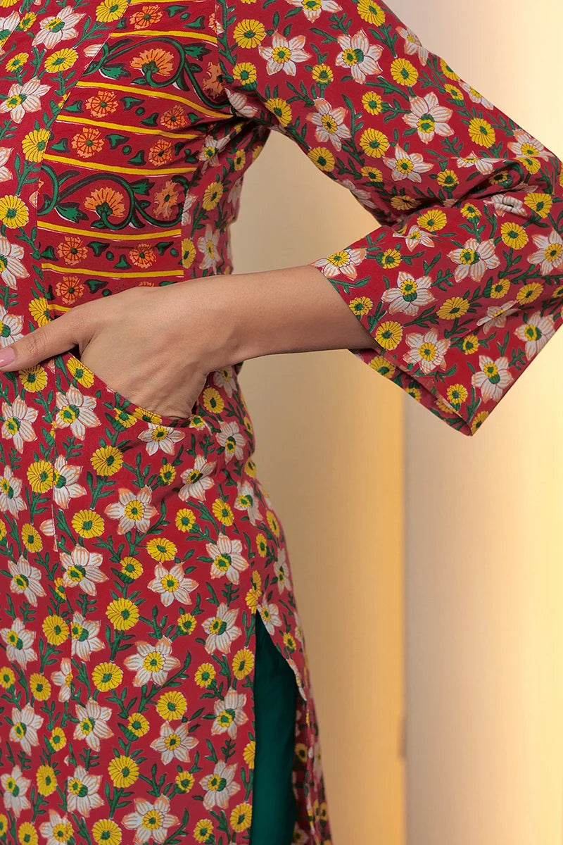 Red Straight Cotton Kurta with Printed Side Panels