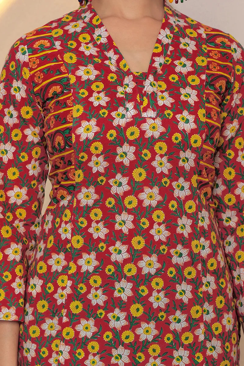 Red Straight Cotton Kurta with Printed Side Panels