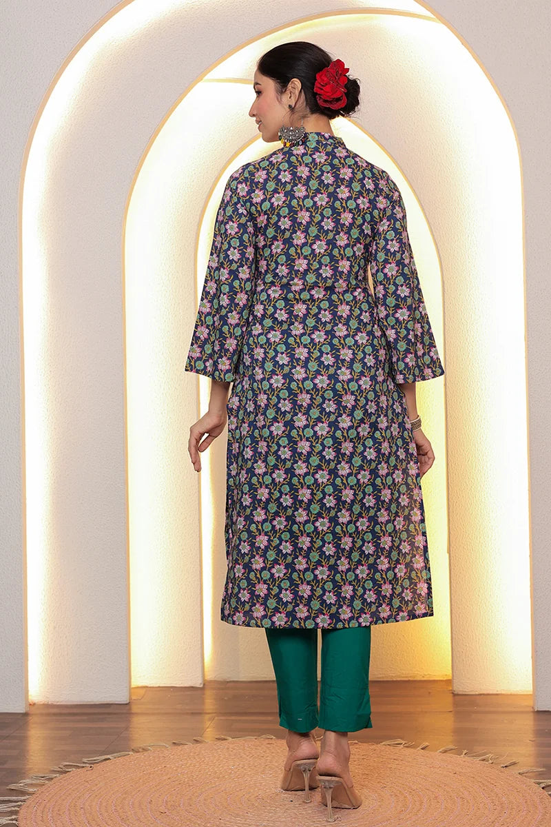 Navy Straight Cotton Kurta with Printed Side Panels
