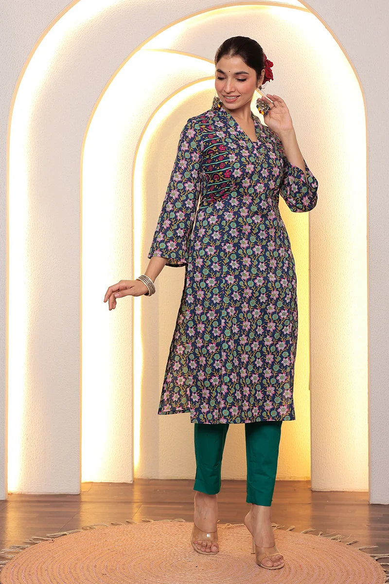 Navy Straight Cotton Kurta with Printed Side Panels