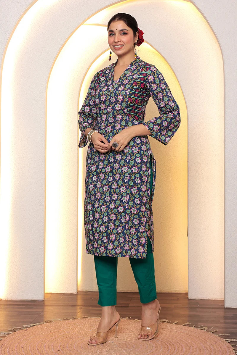 Navy Straight Cotton Kurta with Printed Side Panels