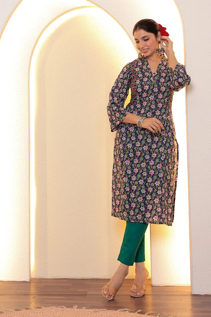 Navy Straight Cotton Kurta with Printed Side Panels