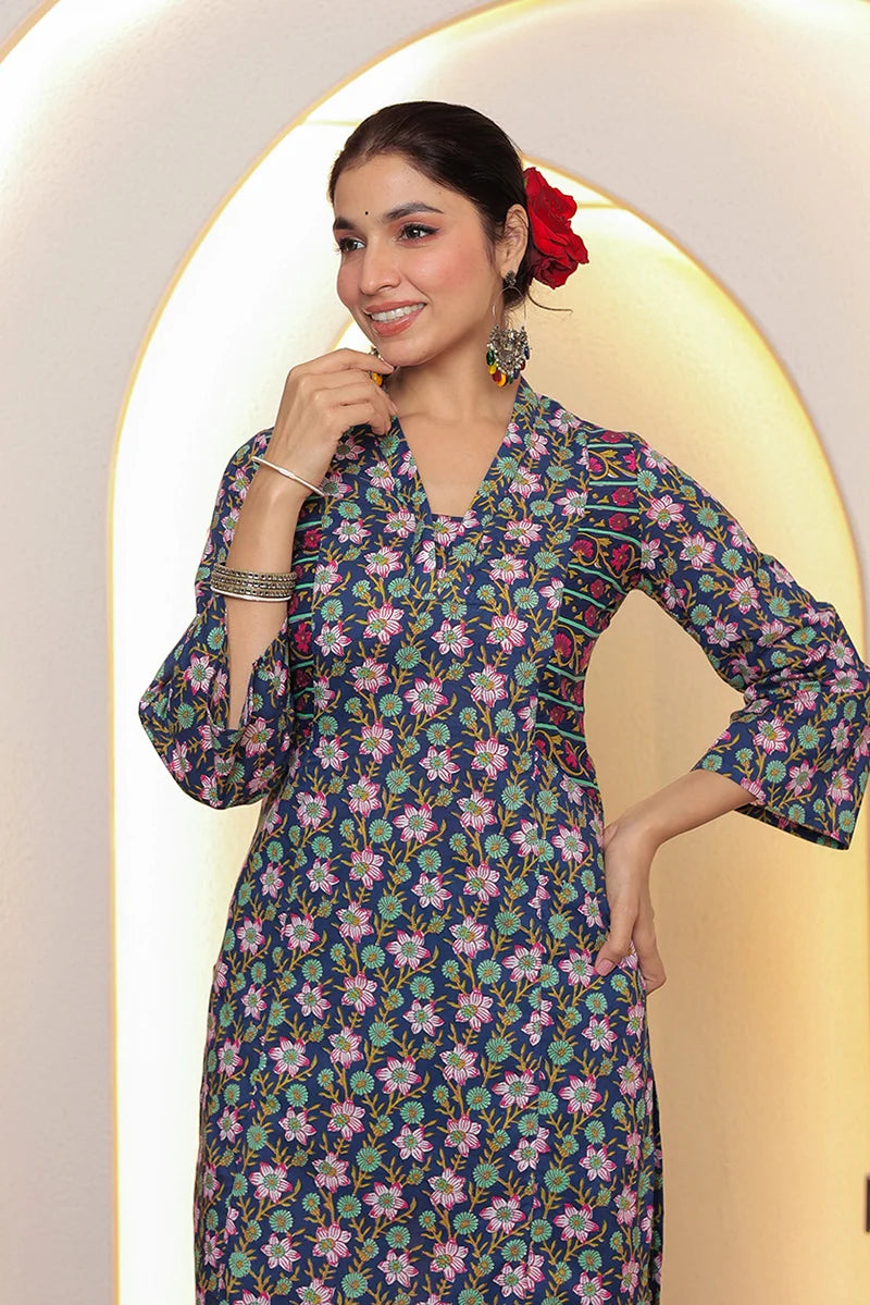 Navy Straight Cotton Kurta with Printed Side Panels