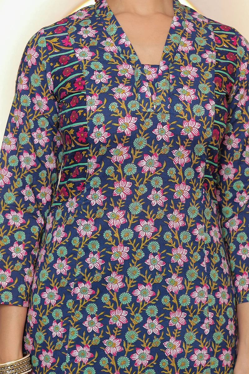 Navy Straight Cotton Kurta with Printed Side Panels