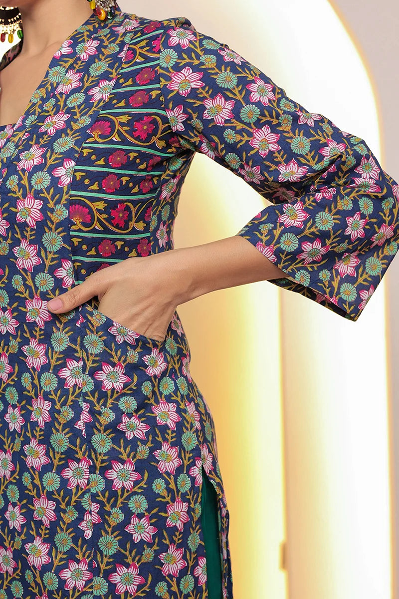 Navy Straight Cotton Kurta with Printed Side Panels