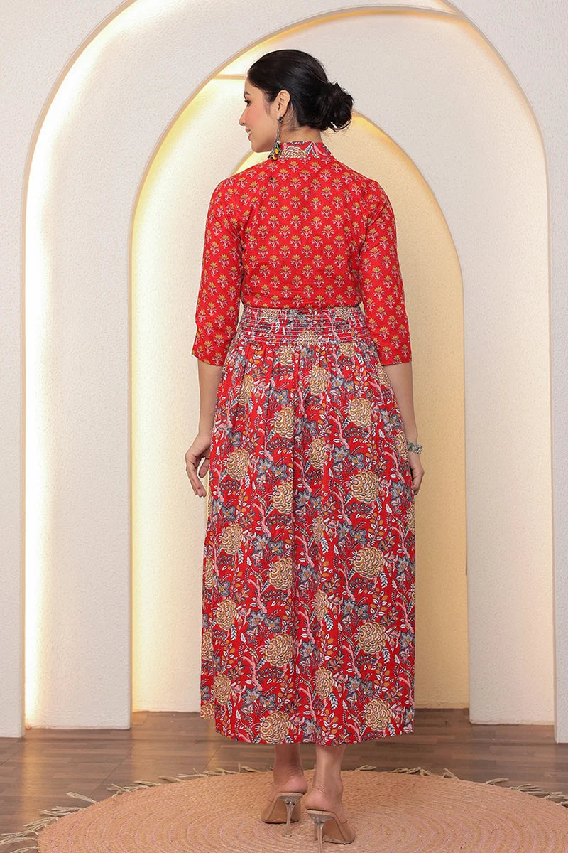 Red Flower Printed Dress with Inner
