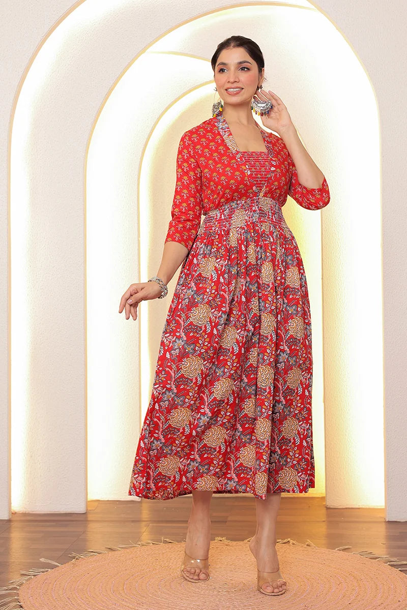 Red Flower Printed Dress with Inner