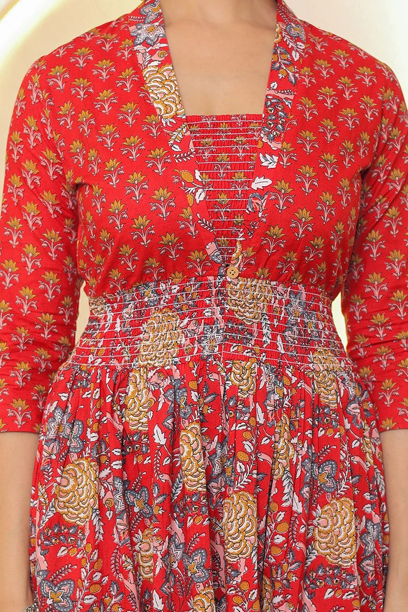 Red Flower Printed Dress with Inner
