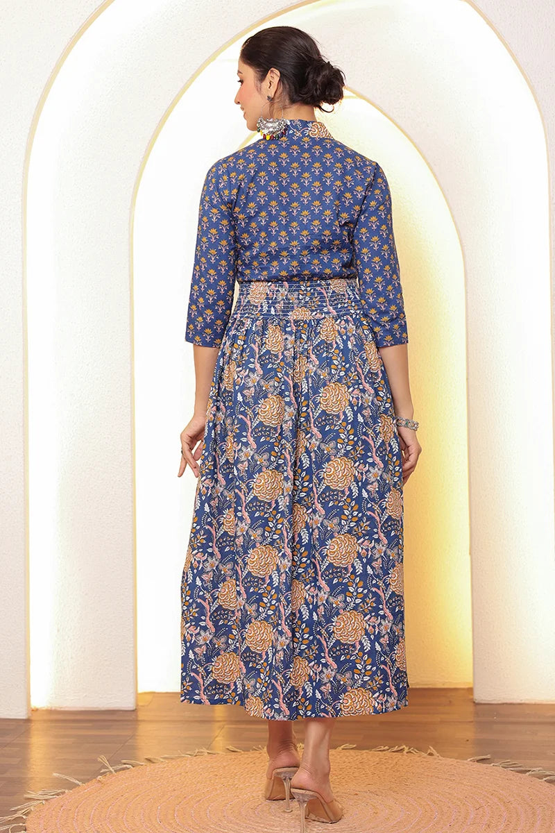 Blue Flower Printed Dress with Inner