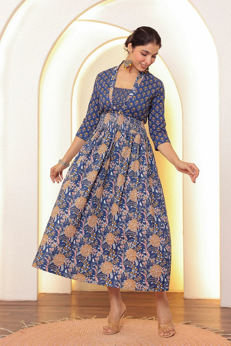 Blue Flower Printed Dress with Inner