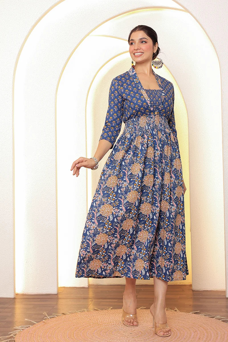 Blue Flower Printed Dress with Inner