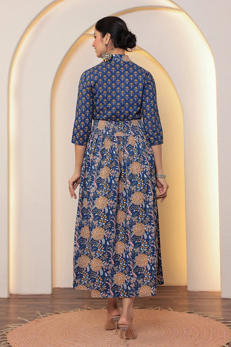 Blue Flower Printed Dress with Inner