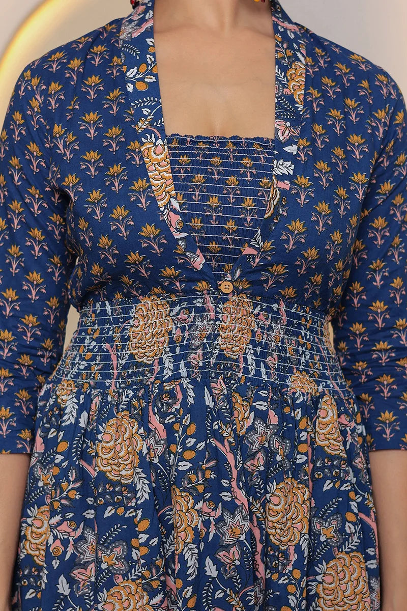 Blue Flower Printed Dress with Inner