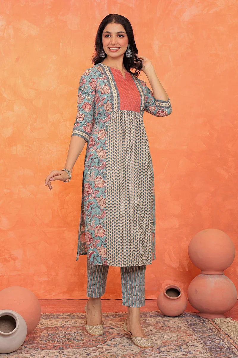 Light Blue Flower Printed Kurta with Trouser