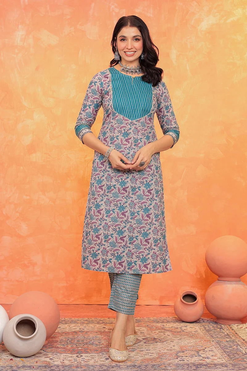 Grey Blue Floral Printed Gotta Thread Work Kurta with Trouser – Gulab ...