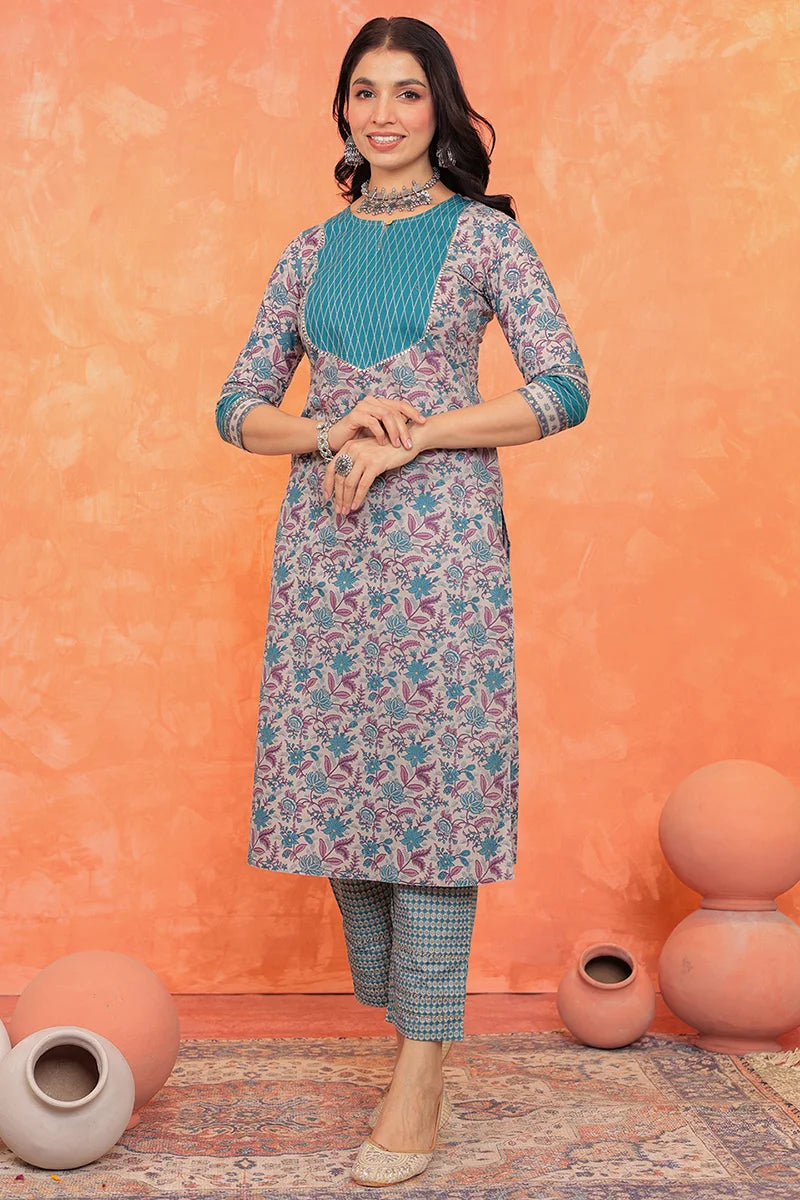Grey Blue Floral Printed Gotta Thread Work Kurta with Trouser – Gulab ...