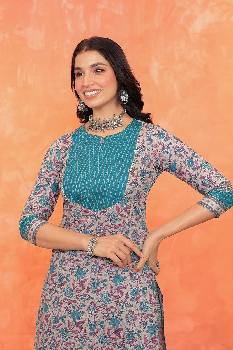 Grey Blue Floral Printed Gotta Thread Work Kurta with Trouser – Gulab ...