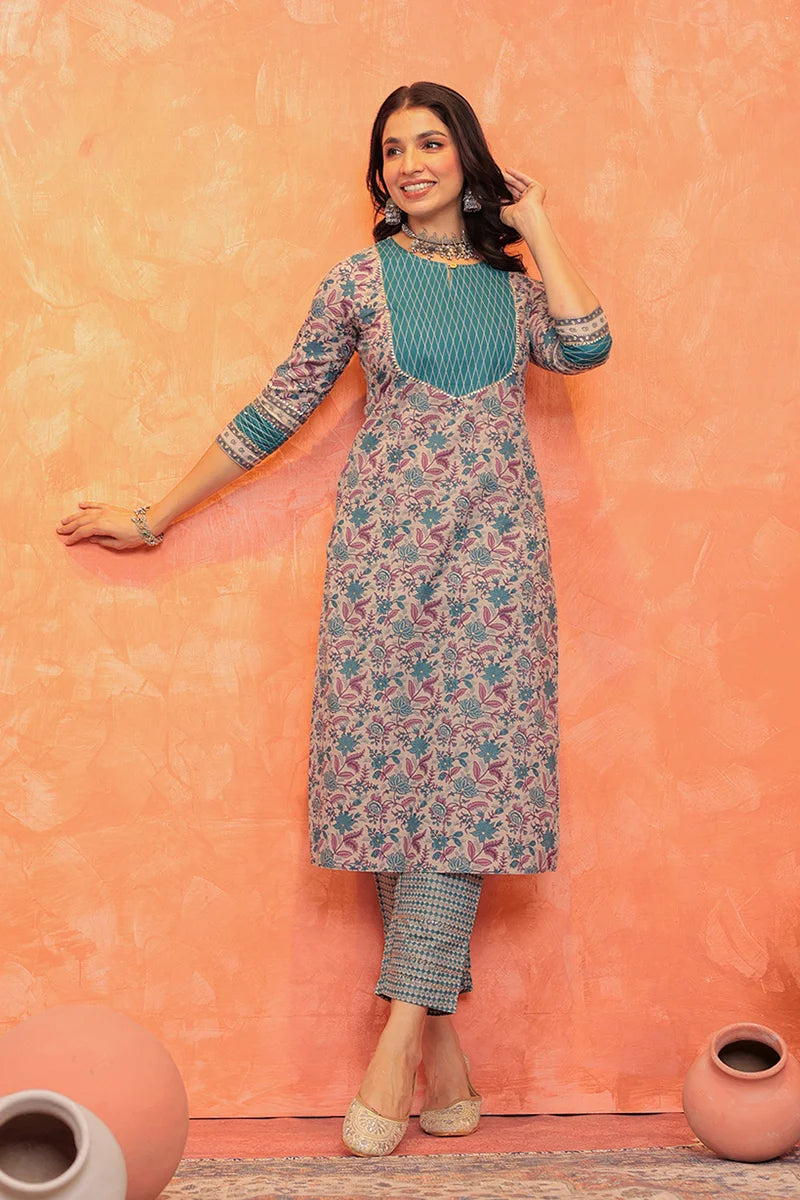 Grey Blue Floral Printed Gotta Thread Work Kurta with Trouser