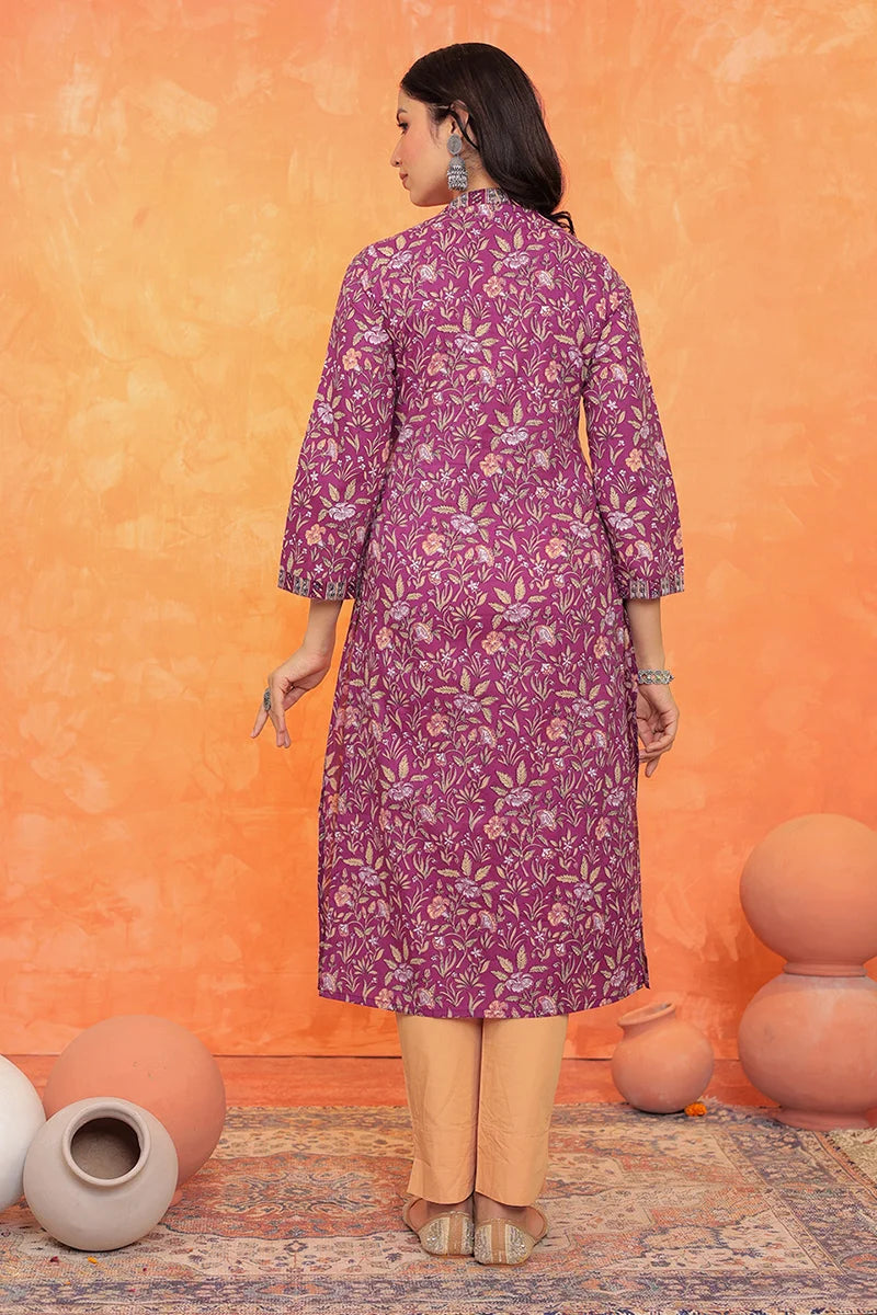 Purple Flower Kurta with Pleate on Shoulder