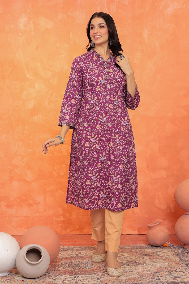 Purple Flower Kurta with Pleate on Shoulder