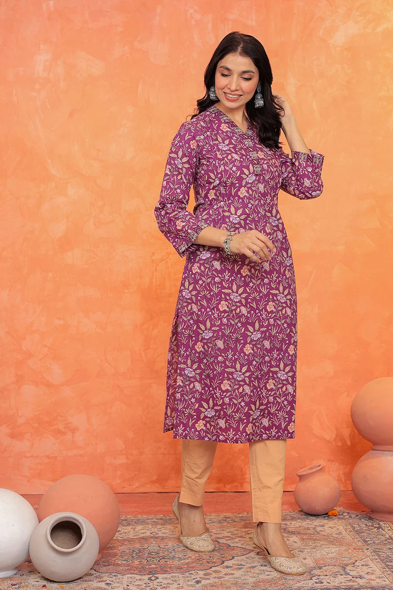 Purple Flower Kurta with Pleate on Shoulder