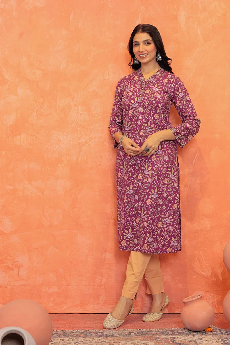 Purple Flower Kurta with Pleate on Shoulder