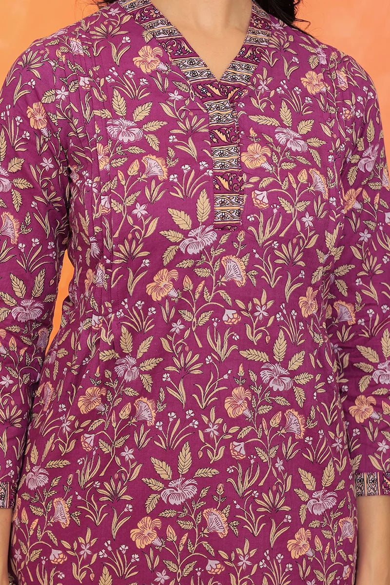 Purple Flower Kurta with Pleate on Shoulder