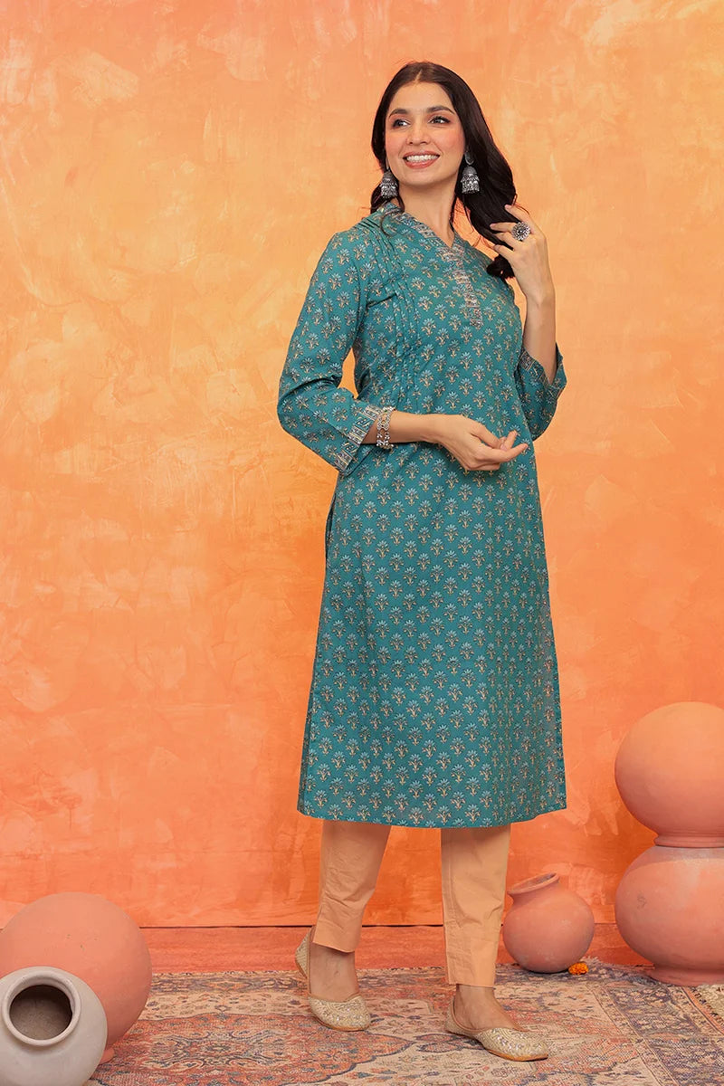Green Flower Kurta with Pleate on Shoulder