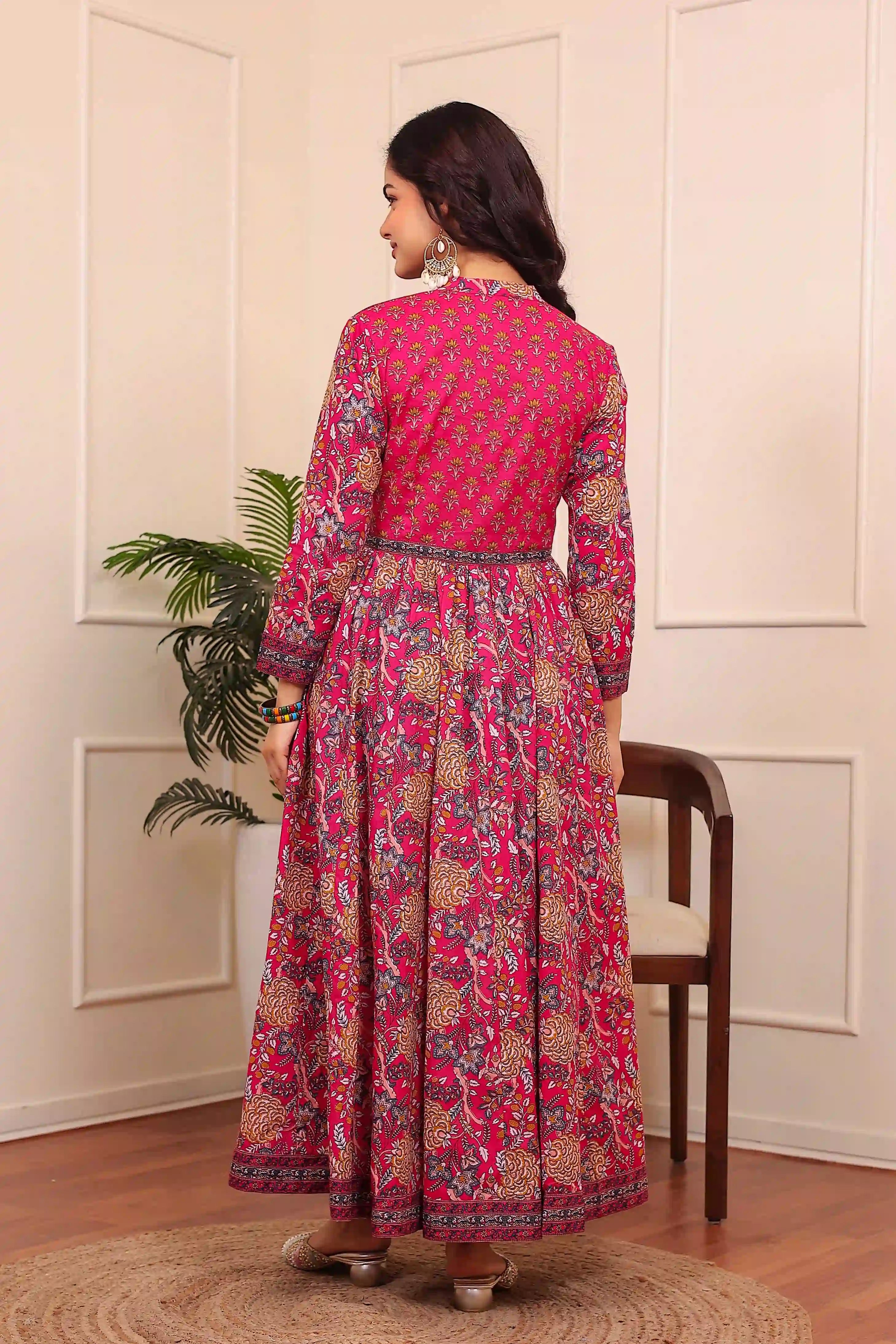 Dark Pink Anarkali Cotton Hand Printed Ethnic Maxi Dress