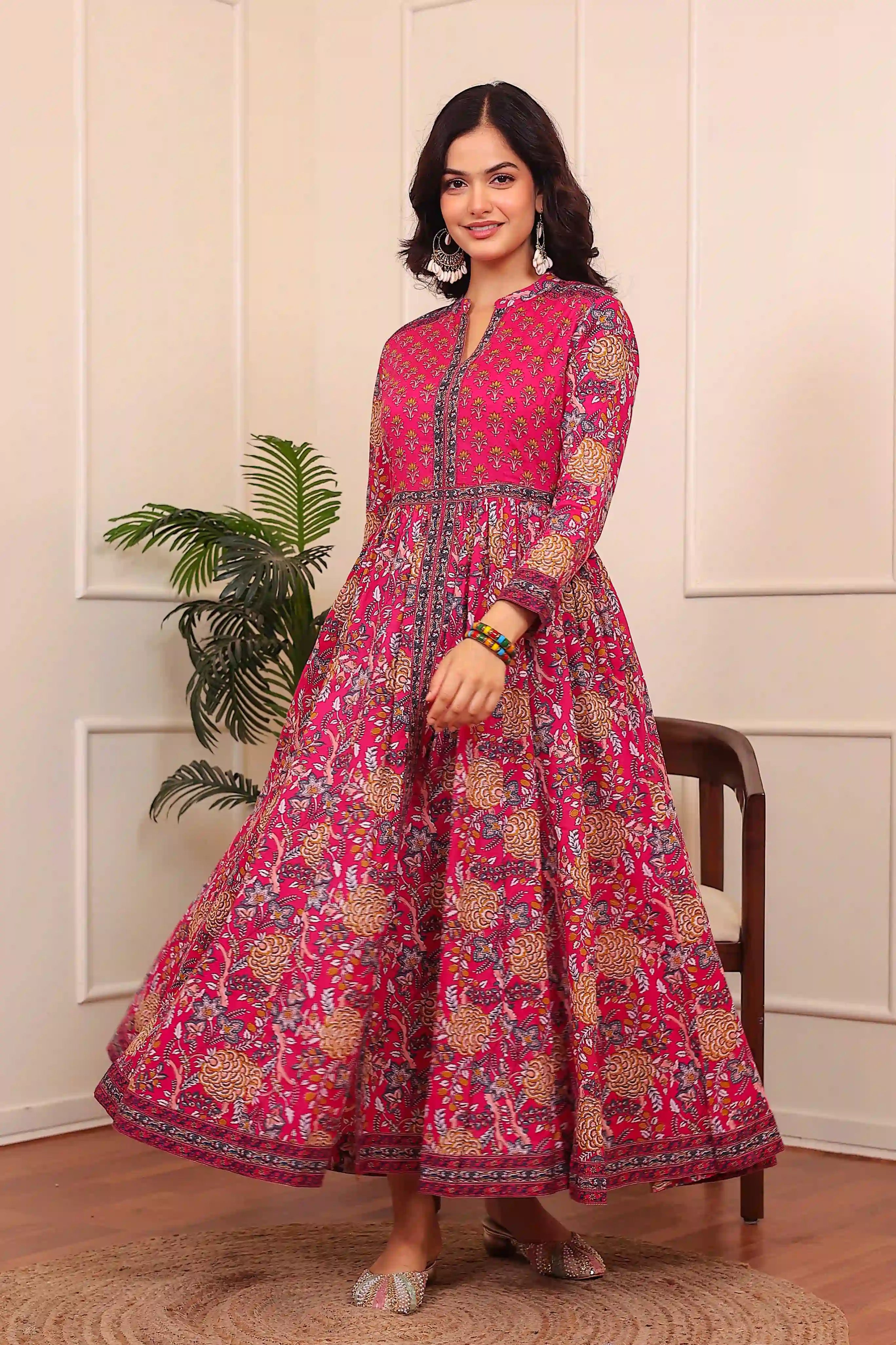Dark Pink Anarkali Cotton Hand Printed Ethnic Maxi Dress