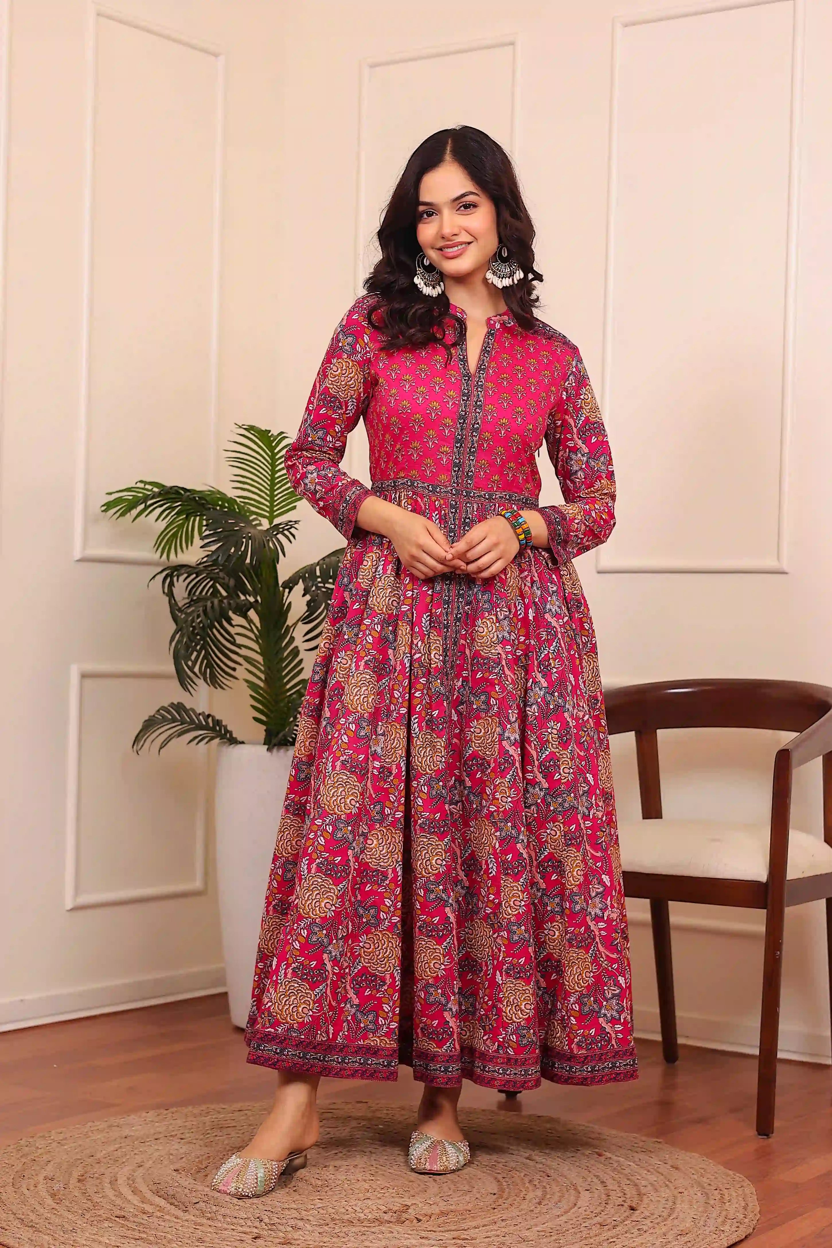 Dark Pink Anarkali Cotton Hand Printed Ethnic Maxi Dress