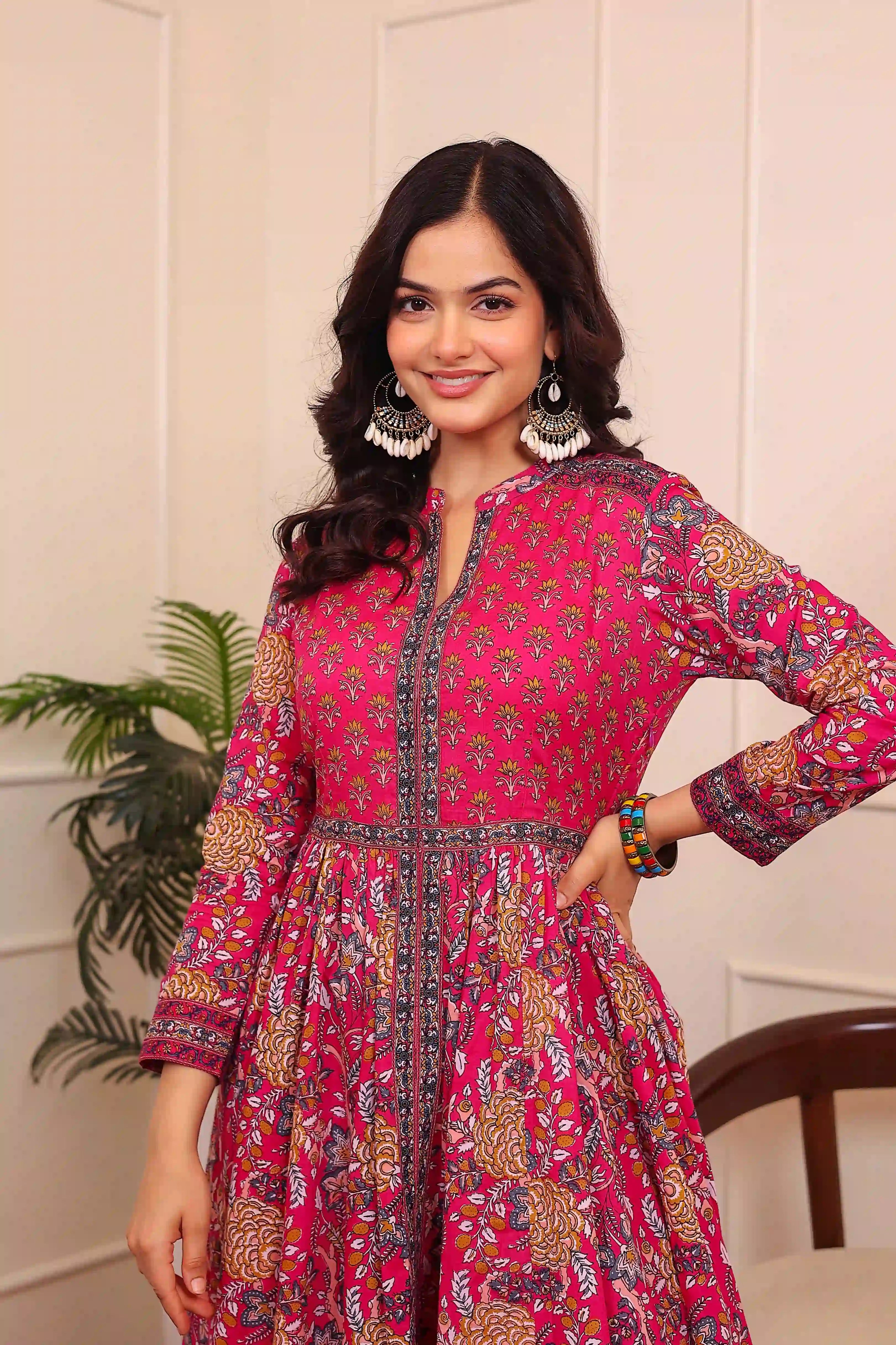 Dark Pink Anarkali Cotton Hand Printed Ethnic Maxi Dress