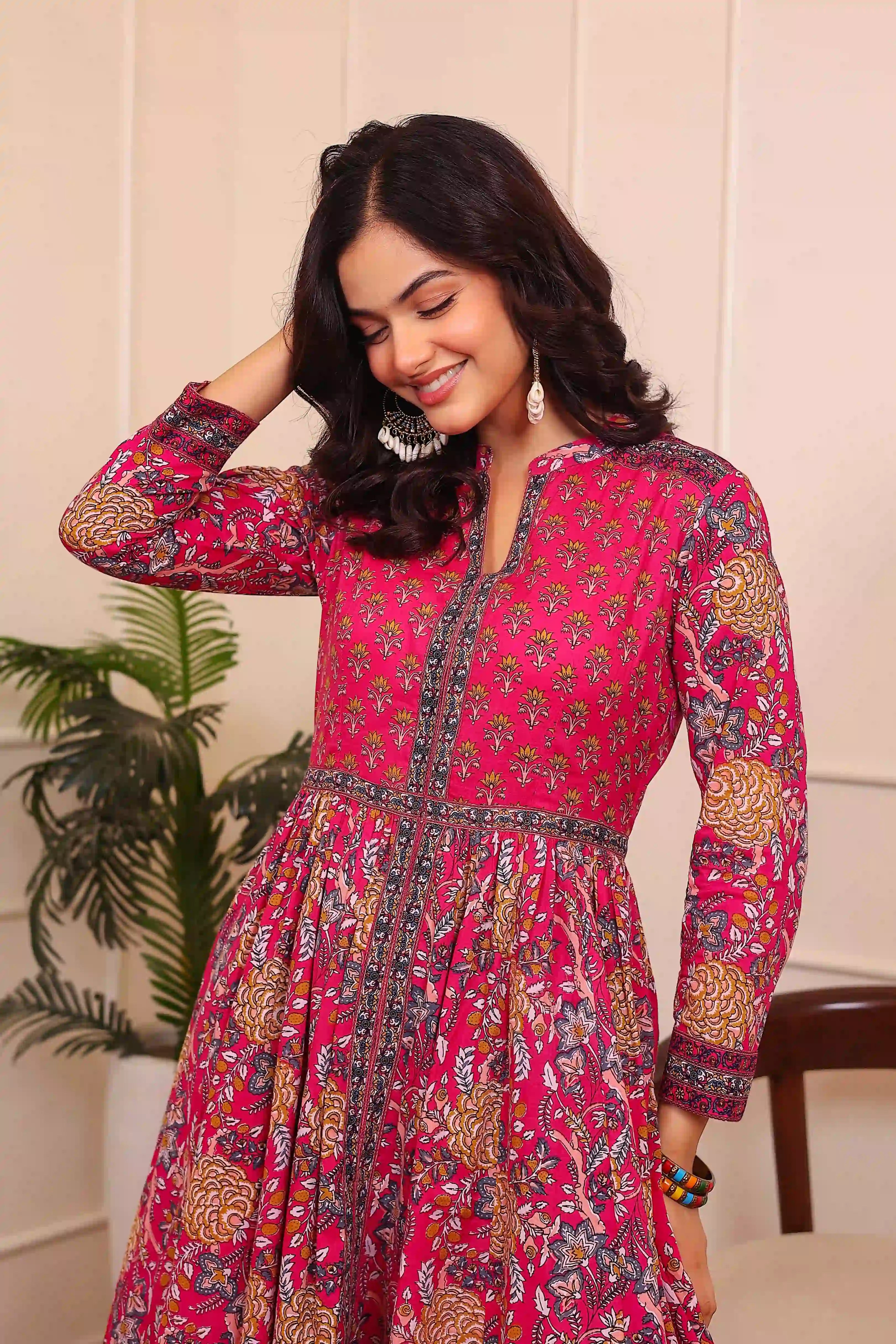 Dark Pink Anarkali Cotton Hand Printed Ethnic Maxi Dress