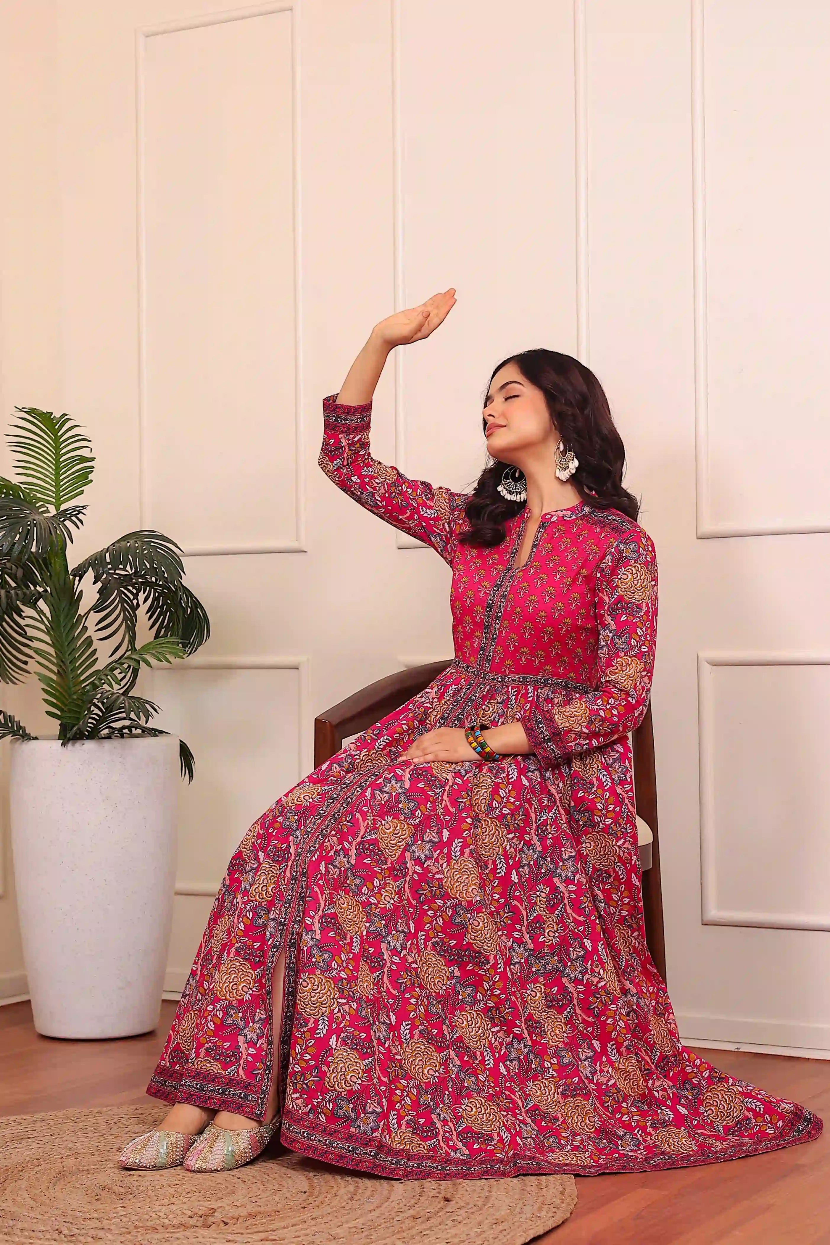 Dark Pink Anarkali Cotton Hand Printed Ethnic Maxi Dress