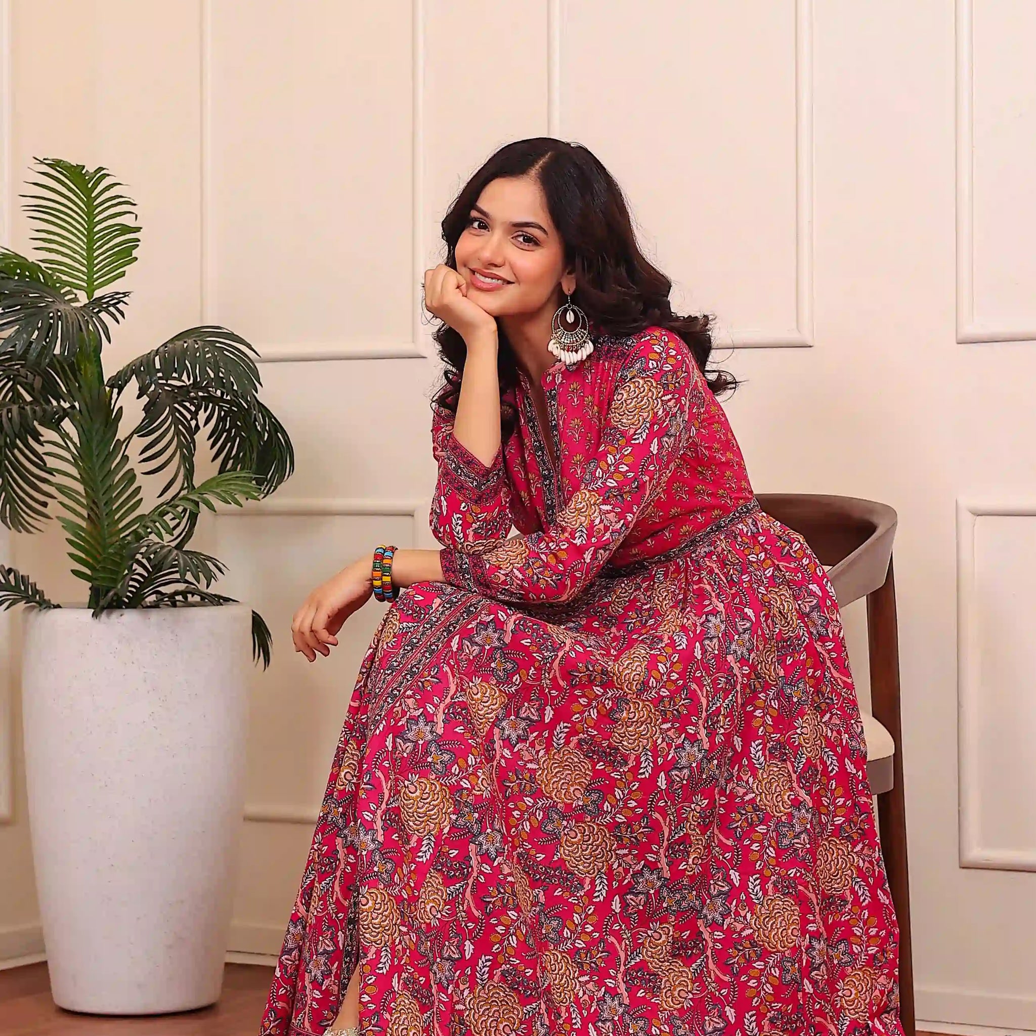 Dark Pink Anarkali Cotton Hand Printed Ethnic Maxi Dress