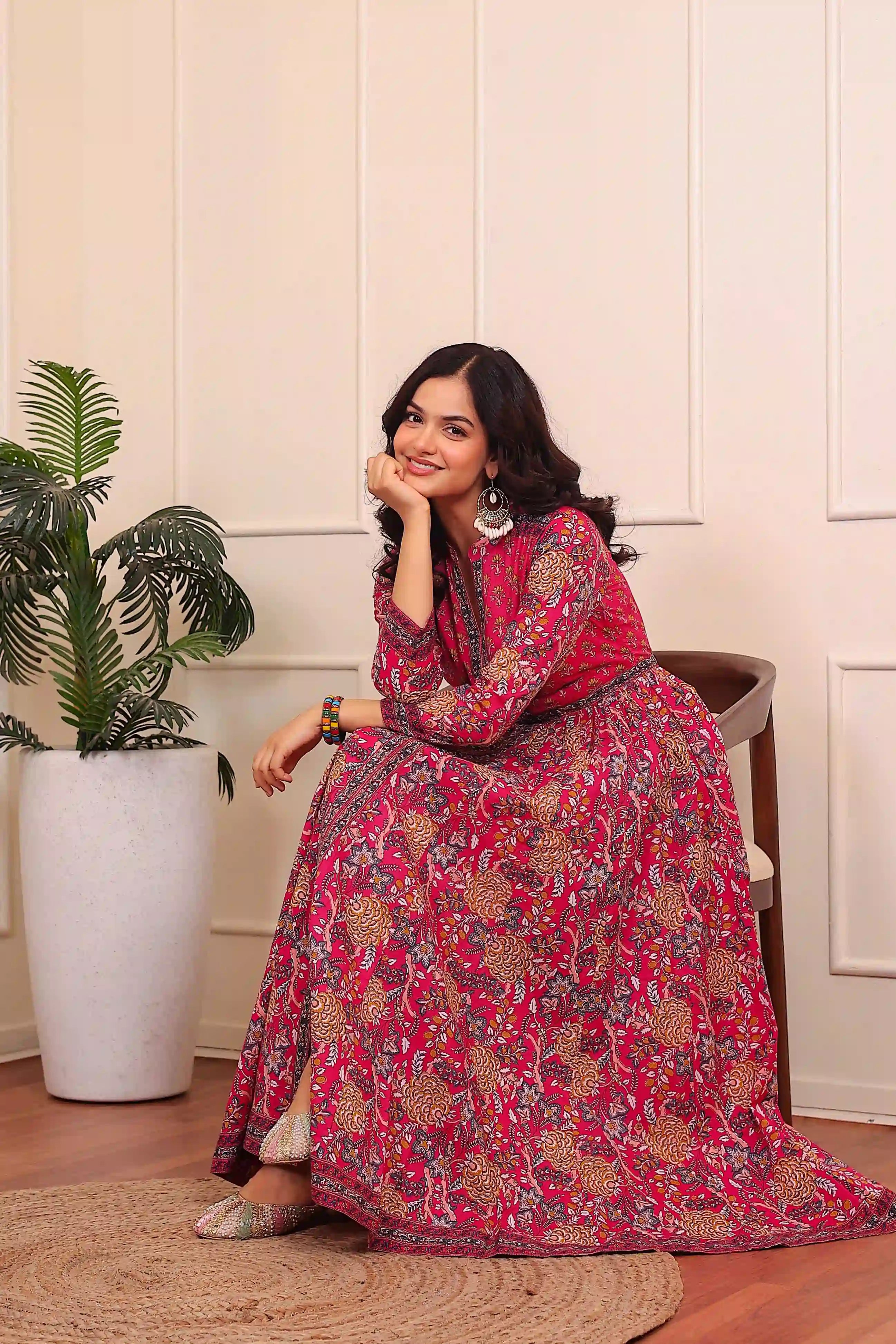 Dark Pink Anarkali Cotton Hand Printed Ethnic Maxi Dress