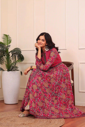 Dark Pink Anarkali Cotton Hand Printed Ethnic Maxi Dress
