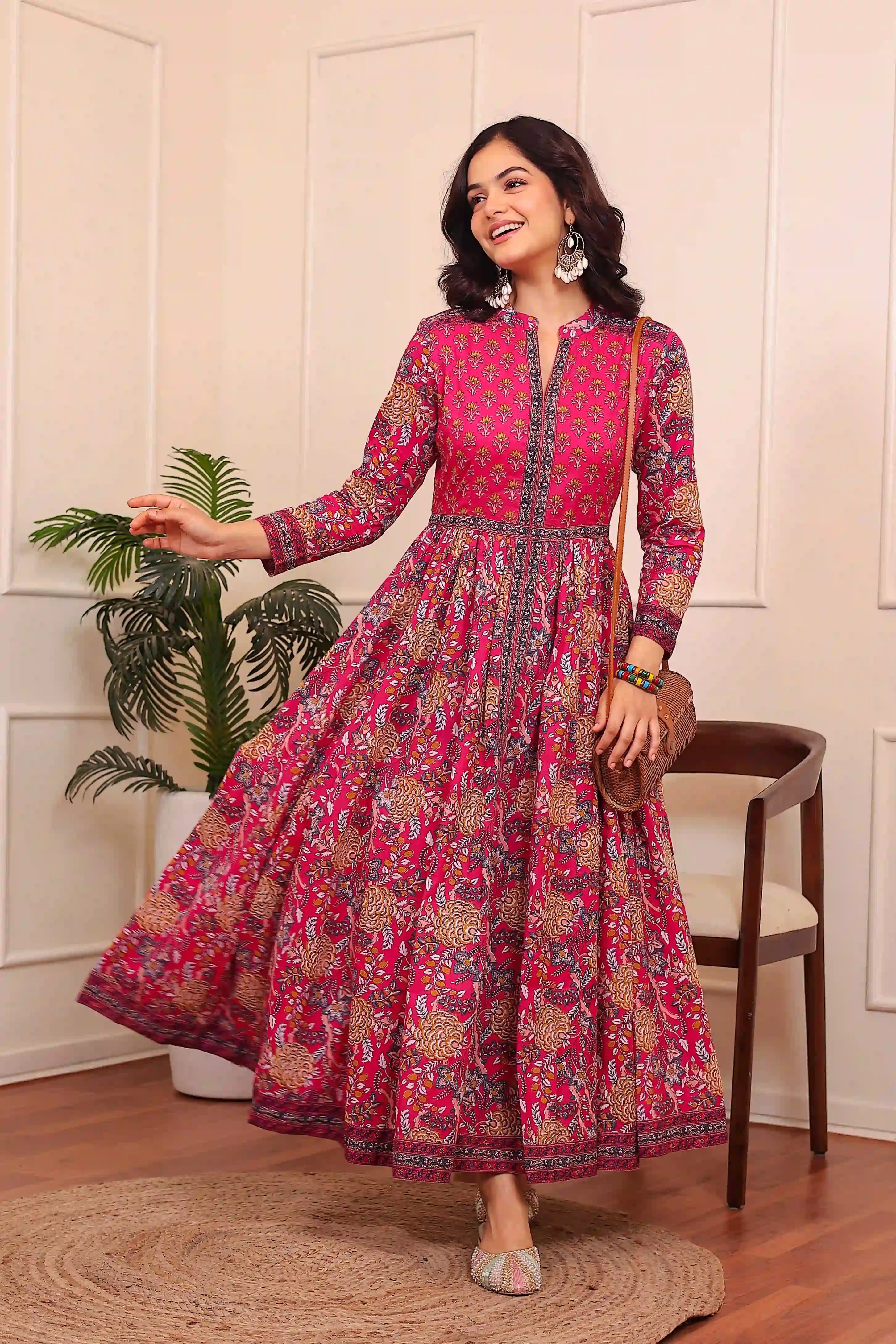 Dark Pink Anarkali Cotton Hand Printed Ethnic Maxi Dress