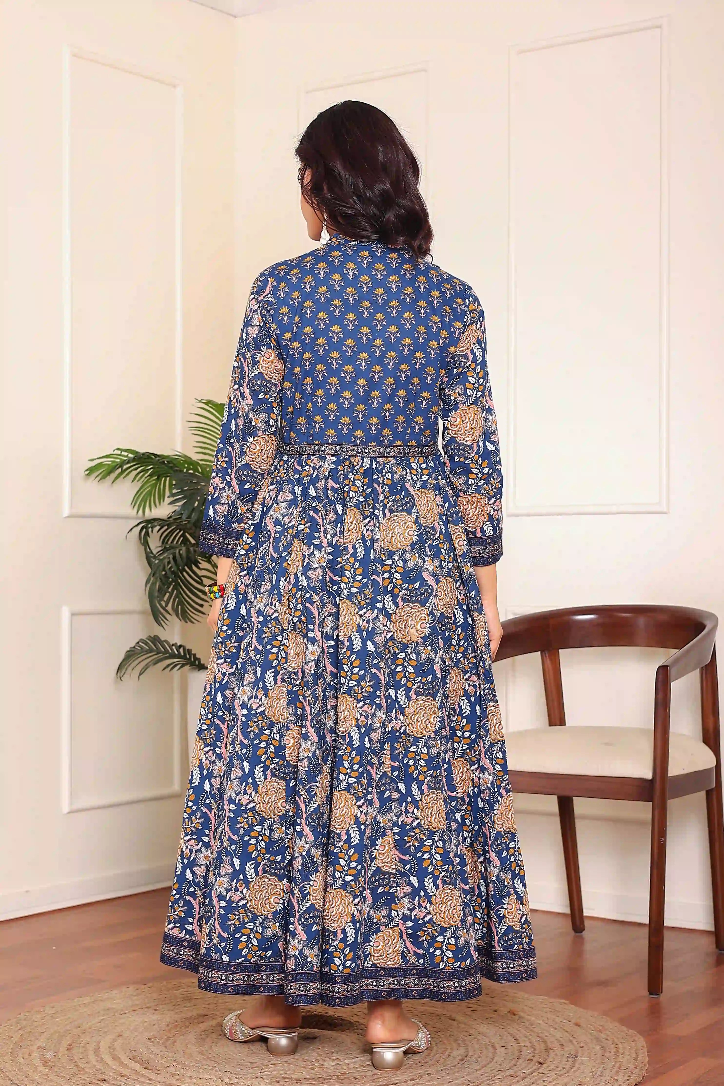 Dark Blue Anarkali Cotton Hand Printed Ethnic Maxi Dress