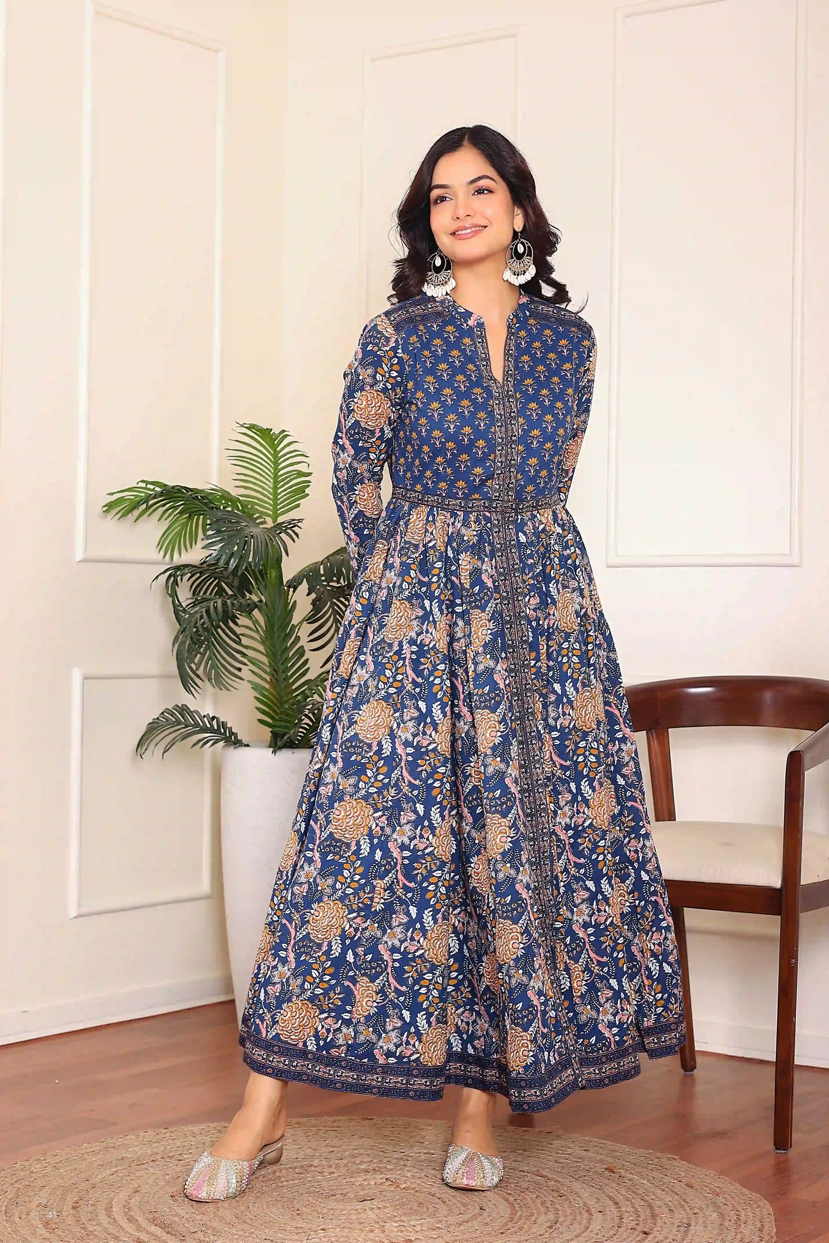Dark Blue Anarkali Cotton Hand Printed Ethnic Maxi Dress
