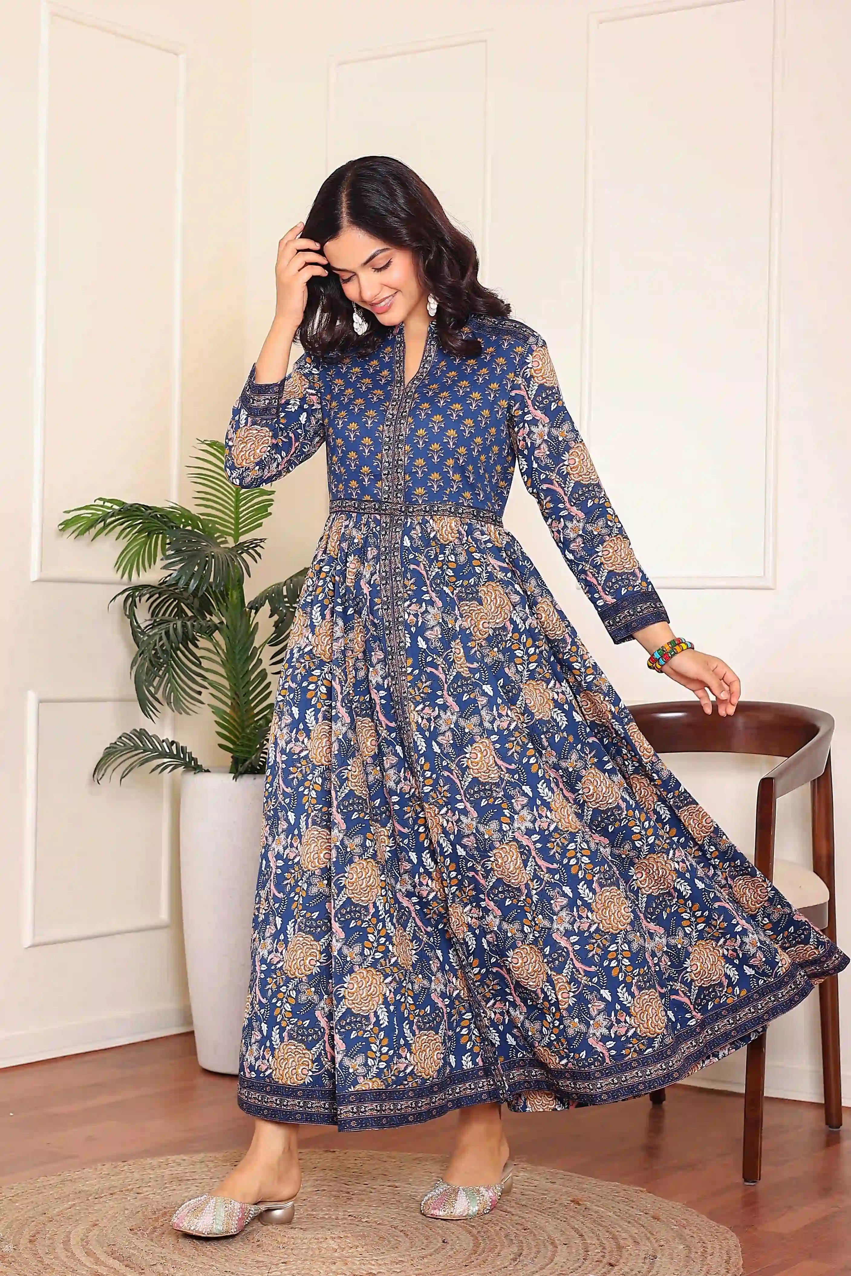 Dark Blue Anarkali Cotton Hand Printed Ethnic Maxi Dress