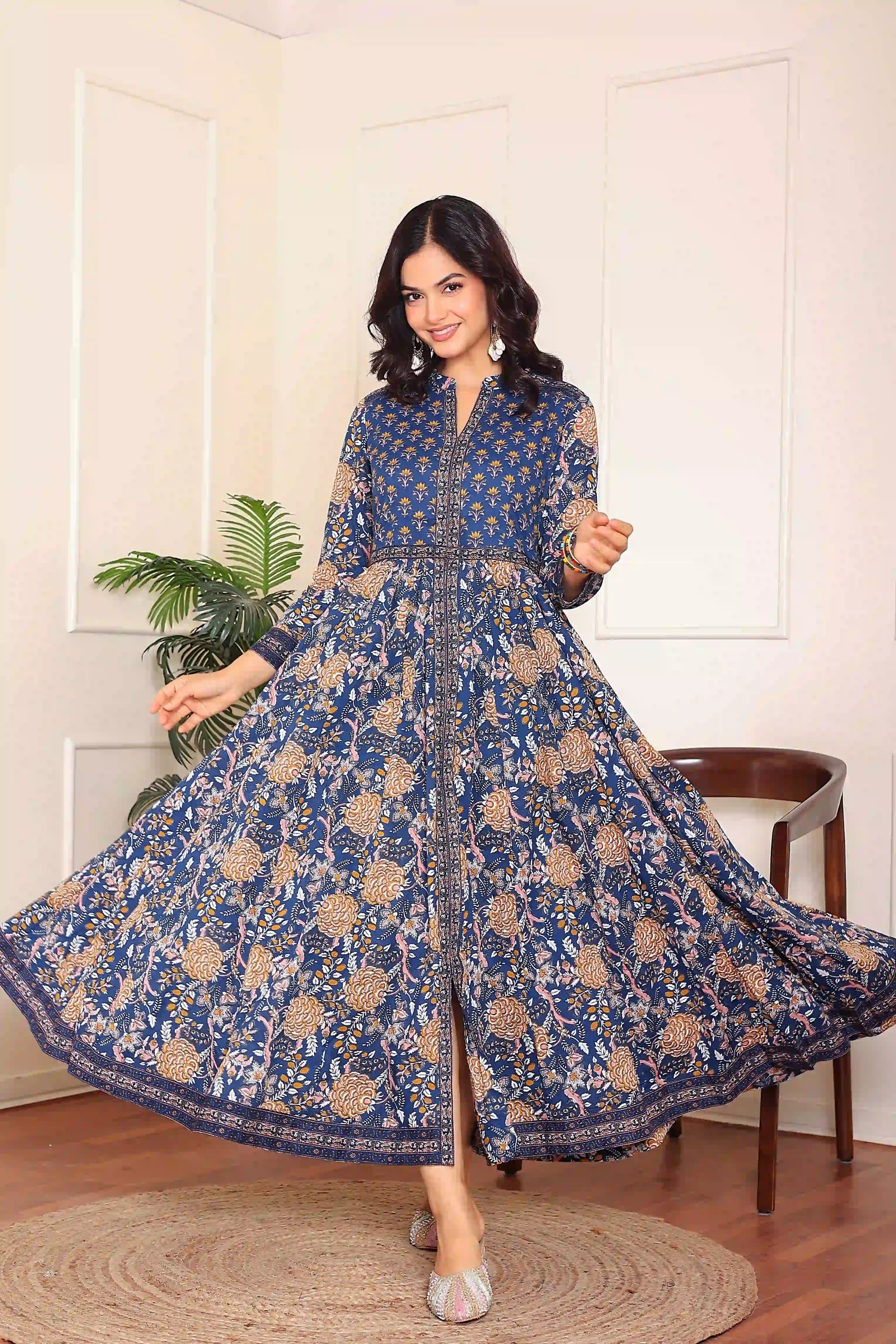 Dark Blue Anarkali Cotton Hand Printed Ethnic Maxi Dress